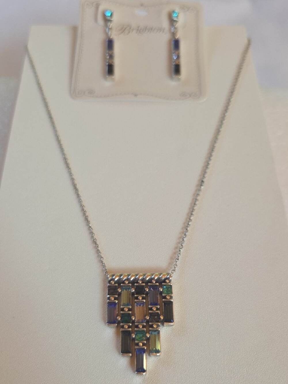 Brighton Iridescent Multicolor Baguette Pendant and Drop Earring Set - Silver